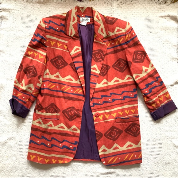 Oversized Vintage 90's Geo Batik Print one-button Linen Blazer 12 - Picture 1 of 9